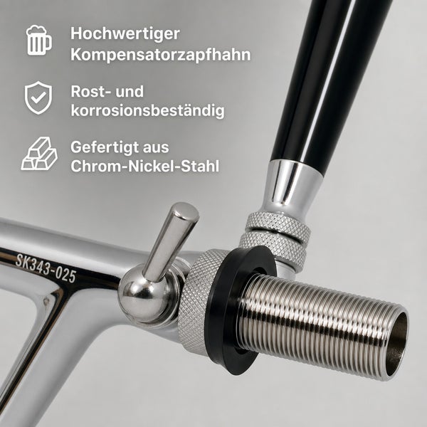 Hochwertiger Kompensatorzapfhahn aus Chrom-Nickel-Stahl, rost- und korrosionsbeständig, ideal für Zapfanlagen.