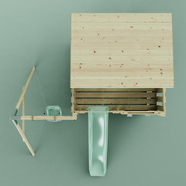 Draufsicht auf einen Spielturm aus Holz mit Dach, Rutsche und Schaukel.