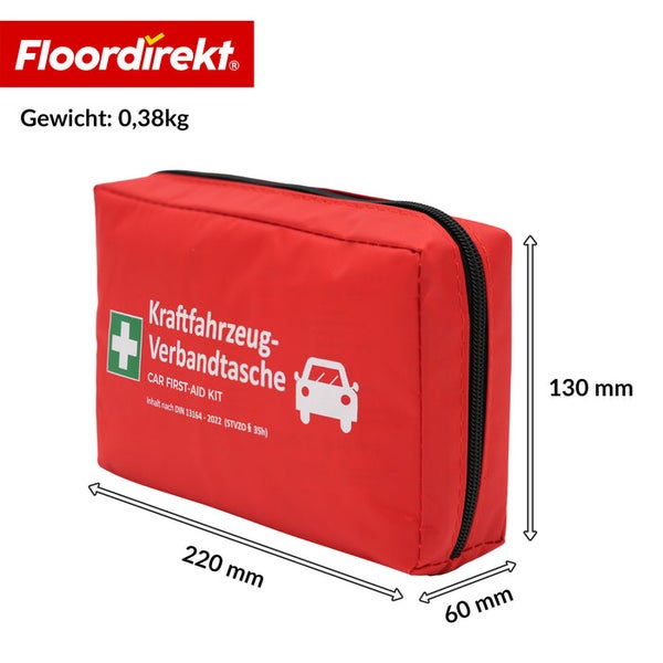 Rote Kraftfahrzeug-Verbandtasche, Maße 220 Millimeter mal 130 Millimeter mal 60 Millimeter, Gewicht 0,38 Kilogramm, Floordirekt Logo.