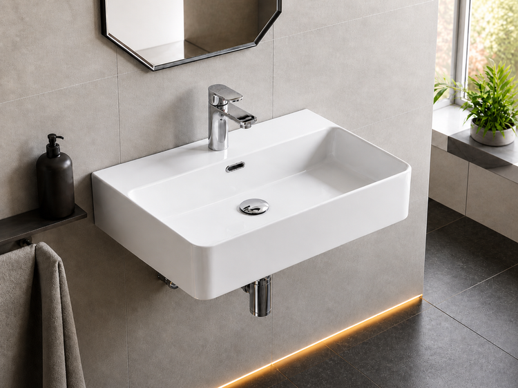 Rechteckiges weißes Keramik-Waschbecken wandhängend mit verchromter Armatur in modernem Badezimmer mit grauen Fliesen.