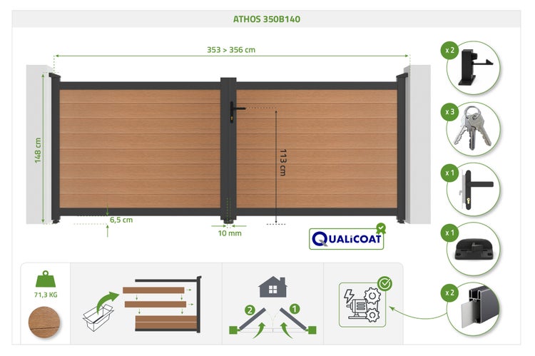 Zweiflügeliges Hoftor ATHOS 350B140 aus Aluminium und Paneelen in Holzoptik, mit Maßen, Zubehörübersicht und Qualicoat-Beschichtungssiegel.