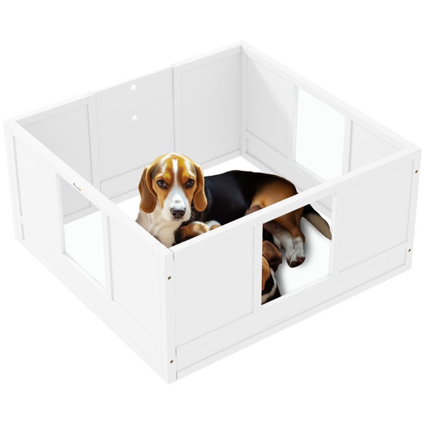 PawHut Wurfkiste für Welpen, Welpenauslauf mit Verstellbare Tür, Hundelaufstall mit Rutschfest Fußpads, Welpenlaufstall, Welpen-Wurfbox für bis mittelgroße Hunde, 100x96x48 cm, Weiß