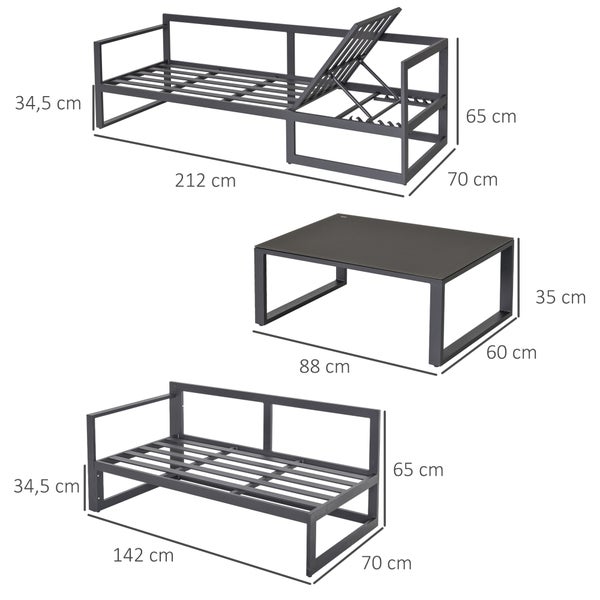 Outsunny 3-tlg. Gartengarnitur Gartenmöbel-Set 4-stufig verstellbar Gartenliege Gartenset Sitzgruppe mit Beistelltisch Sofa mit Kissen Outdoor Aluminium Grau