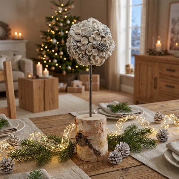 Weihnachtliche Tischdekoration mit Kugel aus Zapfen auf Birkenholzstamm, umgeben von Lichterkette und Tannenzweigen in festlichem Wohnzimmer.