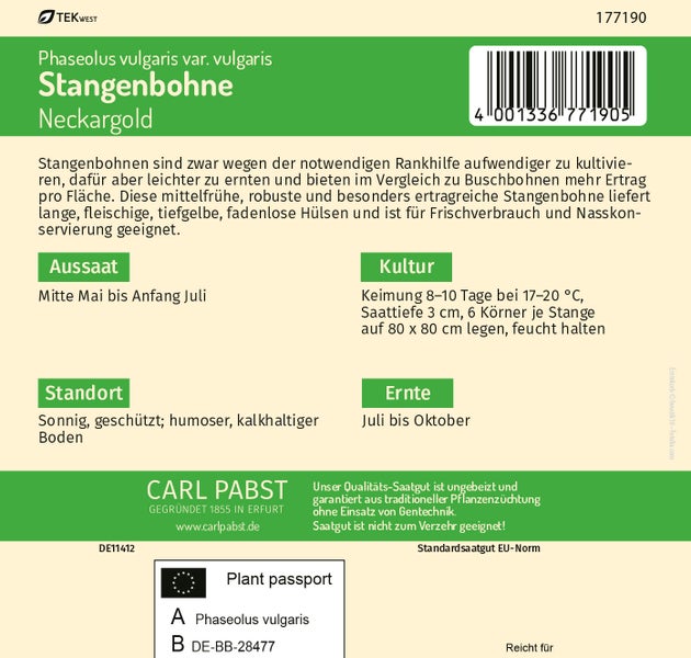 Rückseite der Samentüte für Stangenbohne Neckargold mit Anbauhinweisen zu Aussaat und Ernte, Pflanzenpass und Carl Pabst Logo.