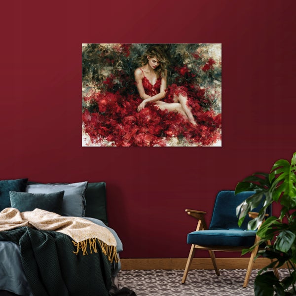 Wandbild mit einem impressionistischen Gemälde einer Frau im roten Kleid in einem stilvoll eingerichteten Schlafzimmer.