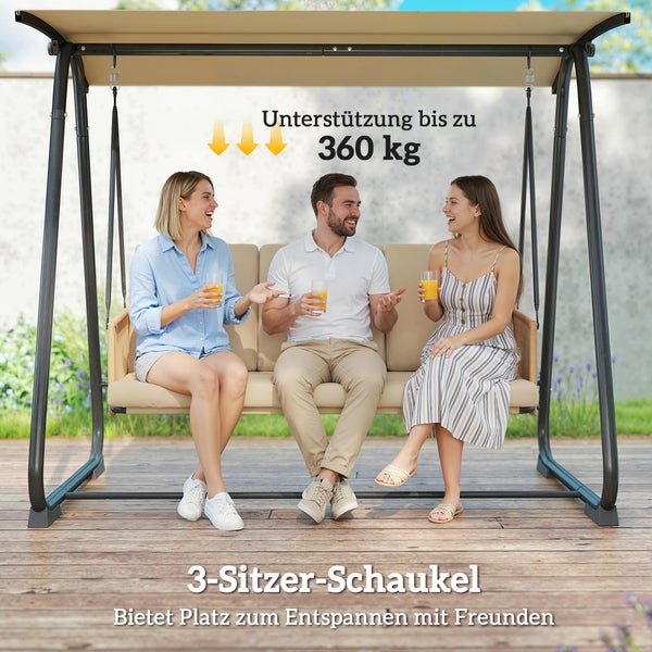 Drei-Sitzer Gartenschaukel mit Polstern und Metallgestell, belastbar bis 360 Kilogramm, drei Personen sitzen darauf.