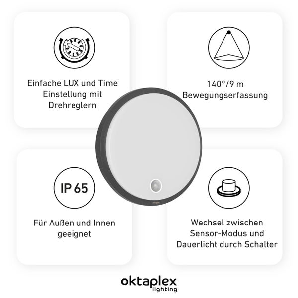 Außenleuchte mit Bewegungsmelder 3000K warmweiss IP65 1010lm LED Wandlampe anthrazit flach Rundlampe 230V