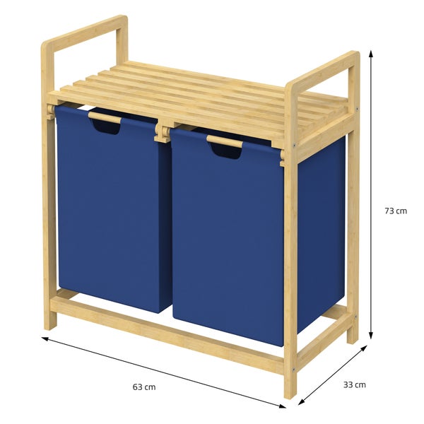 ML-Design Wäschekorb aus Bambus, Dunkelblau, Wäschebox mit 2 Fächern, Wäschesammler mit 2 ausziehbaren Wäschesäcken 60 L, Wäschetruhe mit Ablage, Wäschesortierer für Badezimmer, Wäschetonne mit Regal