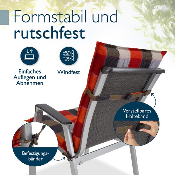 Gartenstuhlauflage mit verstellbarem Halteband und Befestigungsbändern an einem Gartenstuhl, formstabil, windfest sowie einfach aufzulegen.