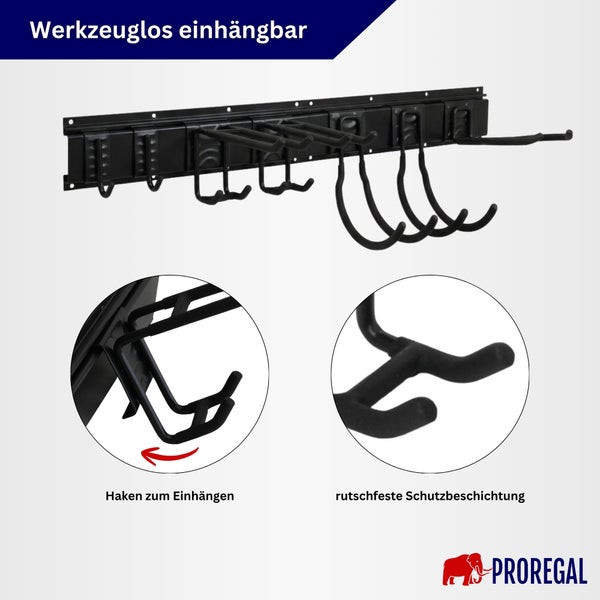 Wandleiste mit verstellbaren Haken für Werkzeuge und Gartengeräte mit rutschfester Beschichtung und werkzeugloser Montage von Proregal.