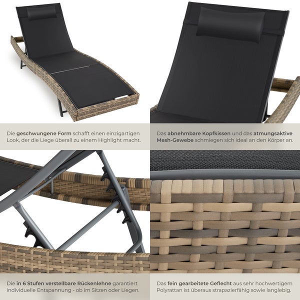 Gartenliege aus Polyrattan mit verstellbarer Rückenlehne und Kopfkissen