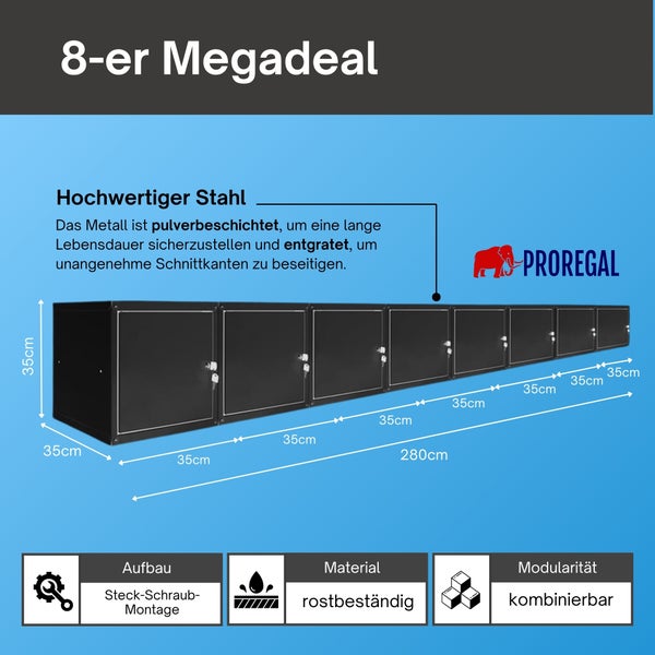 8er Set Schließfachwürfel von PROREGAL aus pulverbeschichtetem Stahl, Maße je Würfel 35 mal 35 mal 35 Zentimeter, Gesamtlänge 280 Zentimeter.