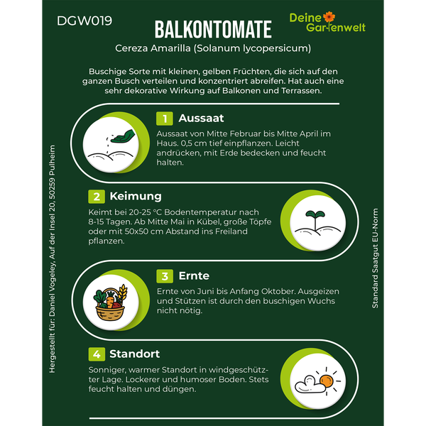 Infografik zur Balkontomate Cereza Amarilla mit Hinweisen zu Aussaat, Keimung, Ernte und Standort. Deine Gartenwelt Logo.