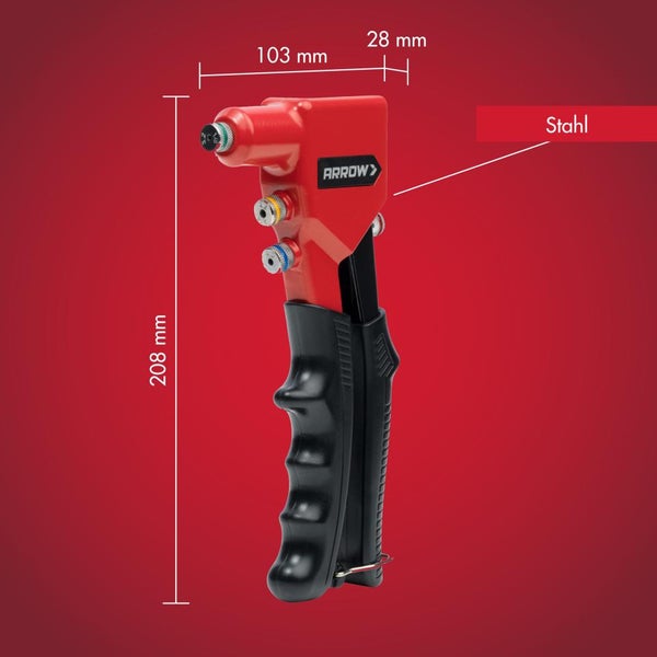 Arrow Handnietzange aus Stahl mit Abmessungen: Höhe 208 Millimeter, Länge 103 Millimeter, Breite 28 Millimeter.