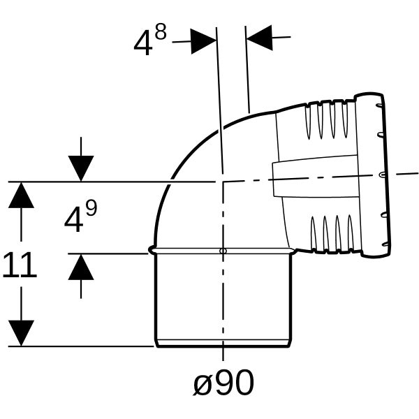 Maßzeichnung eines 90 Grad Anschlussbogens mit 90 Millimeter Durchmesser und Detailmaßen.