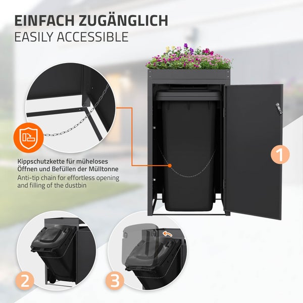 Mülltonnenbox aus Metall mit Pflanzdach und Kippschutzkette für einfaches Öffnen und Befüllen einer Mülltonne.