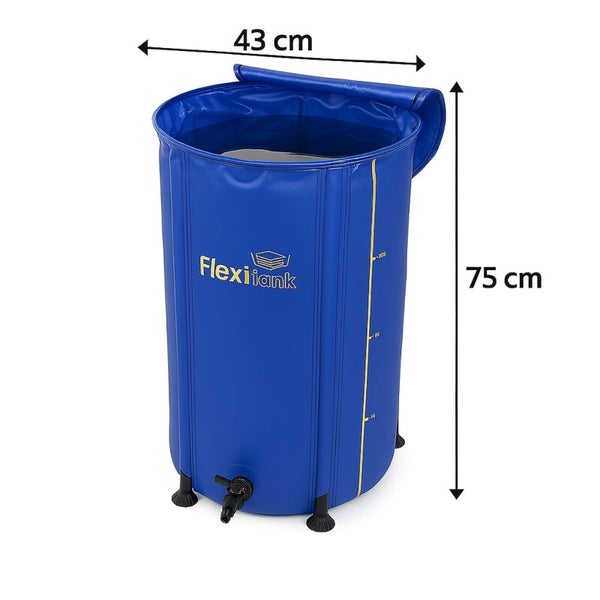 Blauer flexibler Wassertank mit 43 Zentimeter Durchmesser und 75 Zentimeter Höhe, ausgestattet mit Zapfhahn und Füllstandsanzeige.