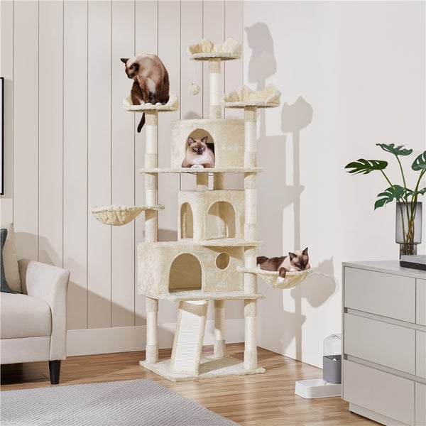Katzenkratzbaum mit mehreren Ebenen, Höhlen, Plattformen und drei Siamkatzen