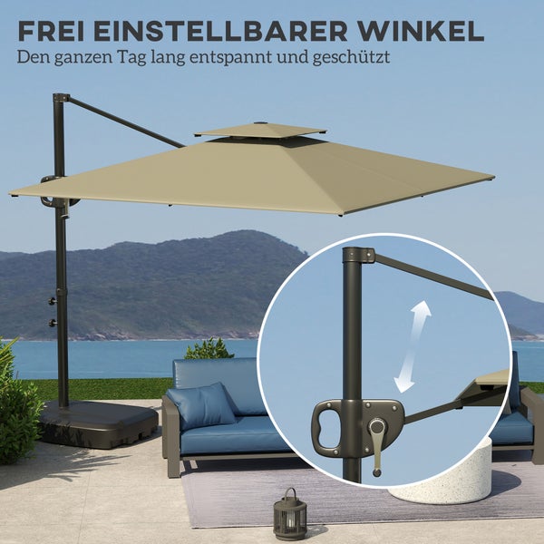 Quadratischer Ampelschirm auf einer hellen Terrasse mit Meerblick. Die Detailansicht zeigt die stufenlose Einstellung des Winkels am Mast.