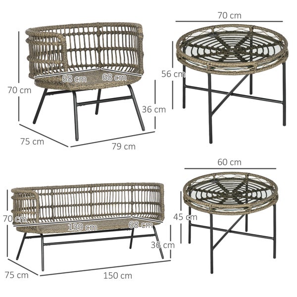 Outsunny Gartenmöbel-Set, 5 tlg. Rattan Sitzgarnitur mit Kissen, Sitzgruppe mit 2 Sesseln, 2 Couchtischen, 1 Doppelsofa, Balkonmöbel im Boho-Stil, für 4 Personen, Alu, Braun
