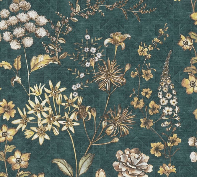 Dekoratives Schlafzimmer mit blumiger Tapete, Nachttisch und Bett