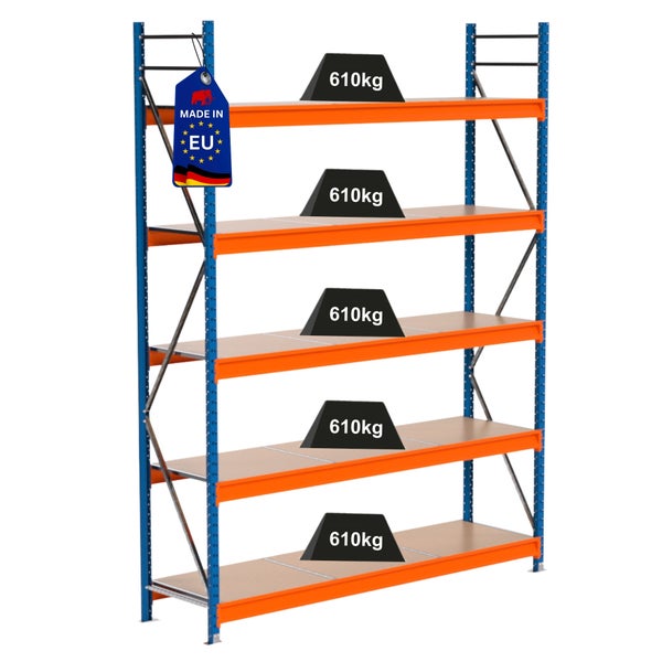 Lagerregal mit fünf Ebenen und Made in EU Siegel