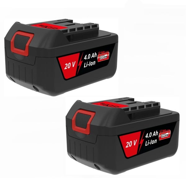Zwei Güde Akkus mit 20 Volt und 4,0 Amperestunden Lithium-Ionen-Technologie in Schwarz und Rot.