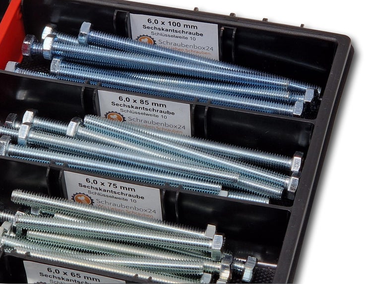 Sechskantschrauben Sortiment M6 // 65mm-100mm 110 tlg Schraubenbox DIN 933/ISO4017 Vollgewindeschrauben Maschinenschrauben Gewindeschrauben Sechskantschrauben