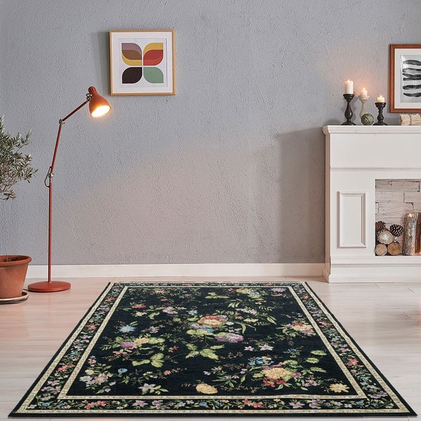 Gewebter Bordürenteppich im floralen Design Flomi Schwarz 120x170 cm