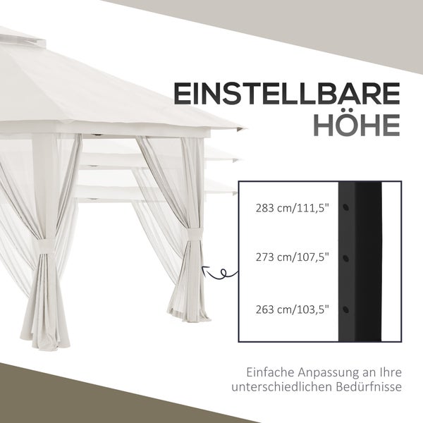 Outsunny Faltpavillon 4 x 4 m, Pavillon mit 4 Moskitonetz, Höhenverstellbares Pop-Up-Zelt UV-Schutz 50+, Partyzelt mit Doppeldach, Tragetasche, für Balkon, Campingplatz, Oxford-Polyester Cremeweiß
