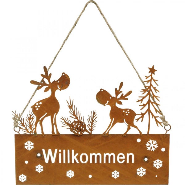 Dekoratives Willkommensschild mit Rentier und Tannenbaum Motiven für den Innenbereich