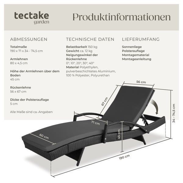 Rattan Sonnenliege tectake Océane 190 x 71 x 34 – 74,5 cm mit Aluminiumgestell schwarz