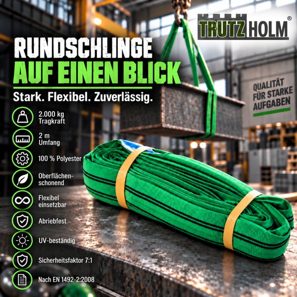 Trutzholm Rundschlinge aus Polyester mit 2000 kg Tragkraft, 2 Meter Umfang, abriebfest und UV-beständig, konform nach Norm EN 1492-2:2008.