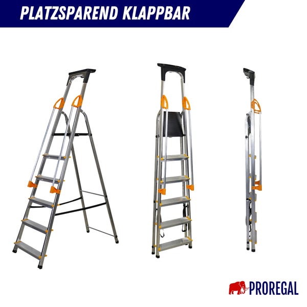 Dreifachansicht einer platzsparenden, klappbaren Leiter von Proregal