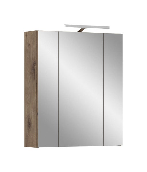 Spiegelschrank mit drei Spiegeltüren, Beleuchtung und Korpus in Holzoptik.