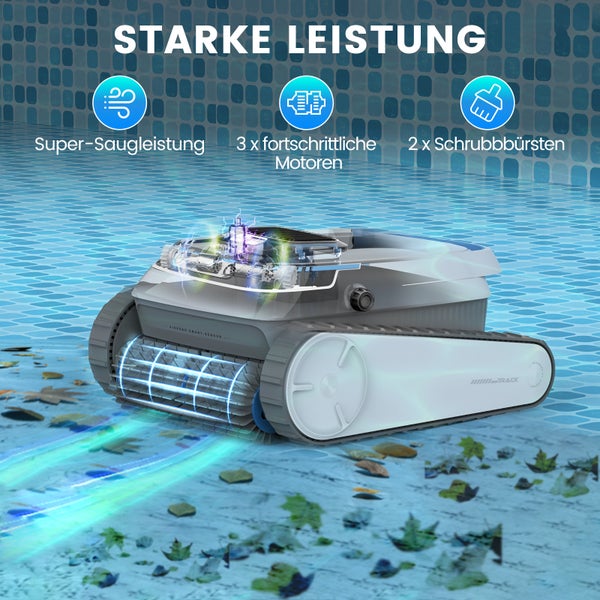 Poolroboter im Einsatz unter Wasser mit hoher Saugleistung, drei fortschrittlichen Motoren und zwei Schrubbbürsten zur Poolreinigung.