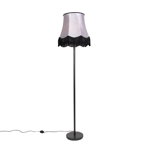 QAZQA - Modern Klassische Stehleuchte I Stehlampe I Standleuchte I Lampe I Leuchte schwarz mit Granny B Schirm grau - Simplo I Wohnzimmer I Schlafzimmer - Stahl Länglich I Rund - LED geeignet E27