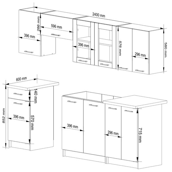 Illustration einer Küchenzeile mit Abmessungen.