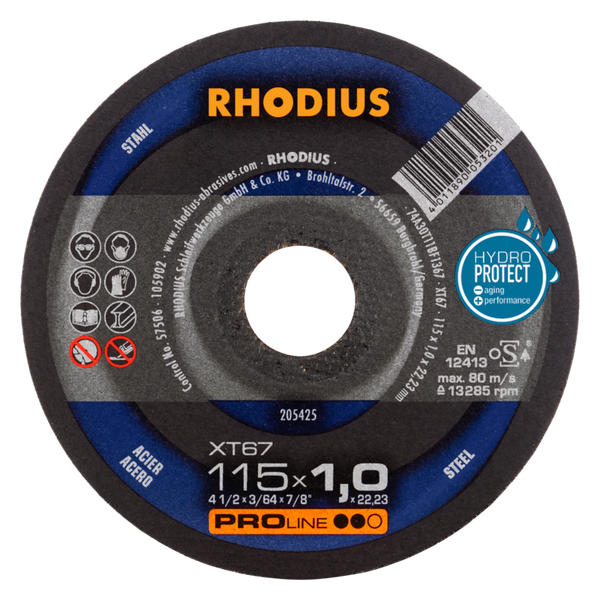 RHODIUS Trennscheibe XT67, 10 Stück, 115 x 1,0 x 22,23 mm für Stahl, Metall, PROline