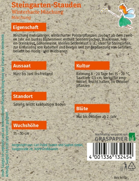 Rückseite der Samenpackung für Steingarten-Stauden, winterharte Mischung, auf Graspapier mit Anbauhinweisen und Pflanzmerkmalen.