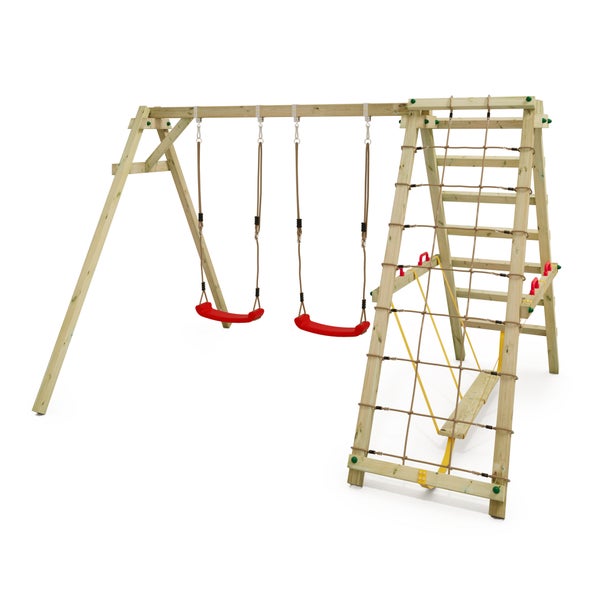 WICKEY Kinderschaukel Schaukelgestell Smart Hike , Schaukel mit Kletteranbau und Schwebebalken, Doppelschaukel, Holzschaukel - rot