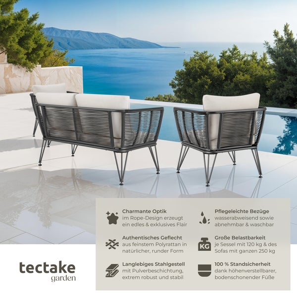 Garten-Loungeset tectake Sundo höhenverstellbare Füße Polyrattan im Rope-Design anthrazit