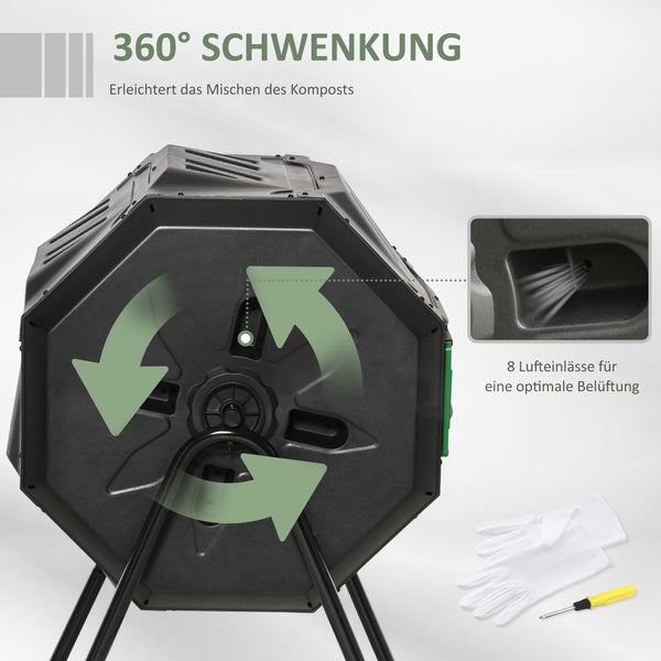 Outsunny Komposter 160L, 71cm x 65cm x 96cm Drehbarer Schnellkomposter aus Kunststoff, Thermokomposter mit 2 Kammer, für Bio- und Garten-Abfälle, Schwarz