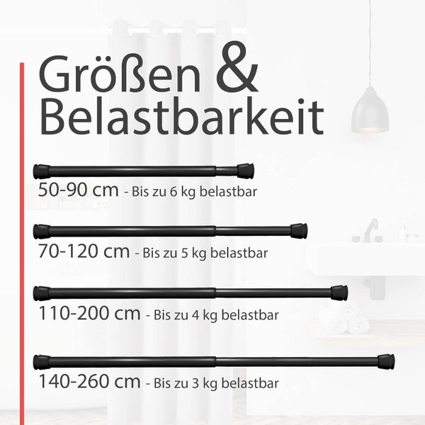 Informationen zu Größen und Belastbarkeit von Duschvorhangstangen