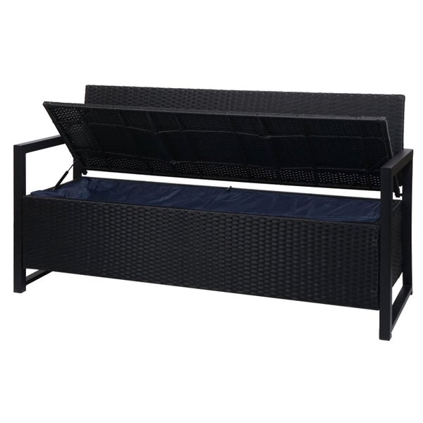Schwarze Gartenbank aus Polyrattan mit Stauraum, Deckel geöffnet, blaue Innentasche.
