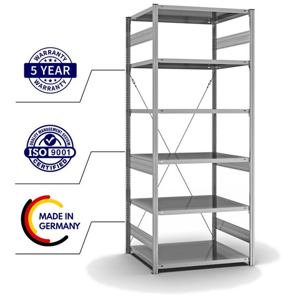 PROREGAL Fachbodenregal Stecksystem T-Profil Medium-Duty Grundregal HxBxT 250 x 100 x 80 cm 6 Ebenen Fachlast 230 kg Einseitig Nutzbar Verzinkt