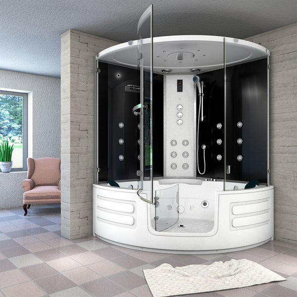 Moderne Whirlpool-Duschkabine mit integrierter Badewanne, schwarzen Glaswänden, Massagedüsen und Kopfbrause in einem hellen Badezimmer.