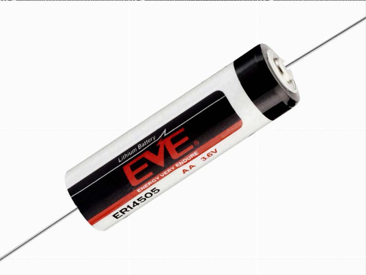 EVE Lithium-Batterie ER14505, Baugröße AA, 3,6 Volt, mit axialen Drahtanschlüssen.