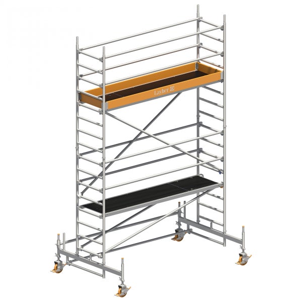 Layher Fahrgerüst aus Aluminium mit Rollen und zwei Arbeitsplattformen
